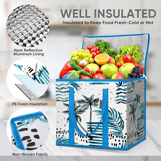 BALEINE 1Pk Insulated Reusable Grocery Bags, Collapsible Cooler Bag for Groceries, Heavy Duty Large Insulated Bag (16''x9''x13'', Island Breeze) - Image 2