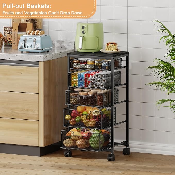 Kitchen Storage Cart with Drawer, 5-Tier Fruit Vegetable Storage Cart, Kitchen Organizer and Storage Cart with Wheels, Wooden Top Metal Wire Pantry Storage Cart rack for Fruit Snack Onion Potato - Image 9