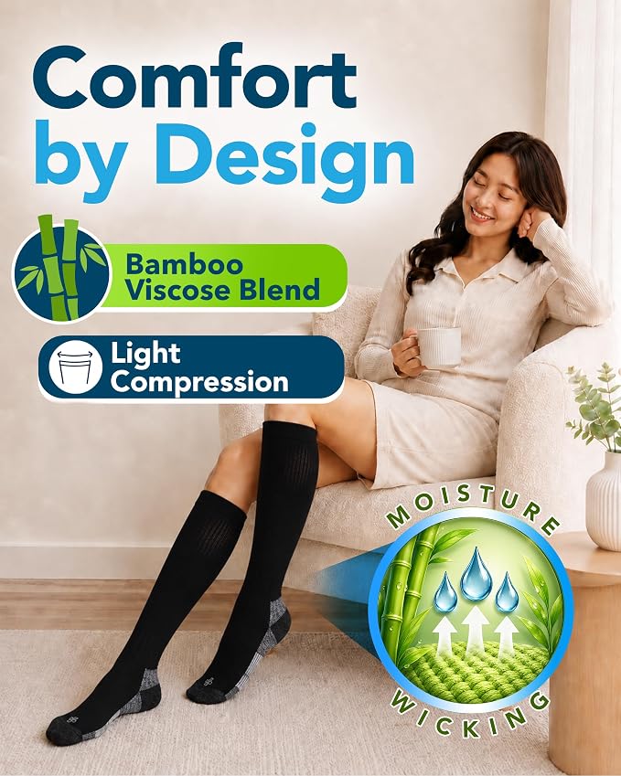 Doctor's Select® Bamboo Viscose Light Compression Socks for Women & Men - 3 Pairs, 8-15 mmHg Compression Socks, Knee High - Image 2