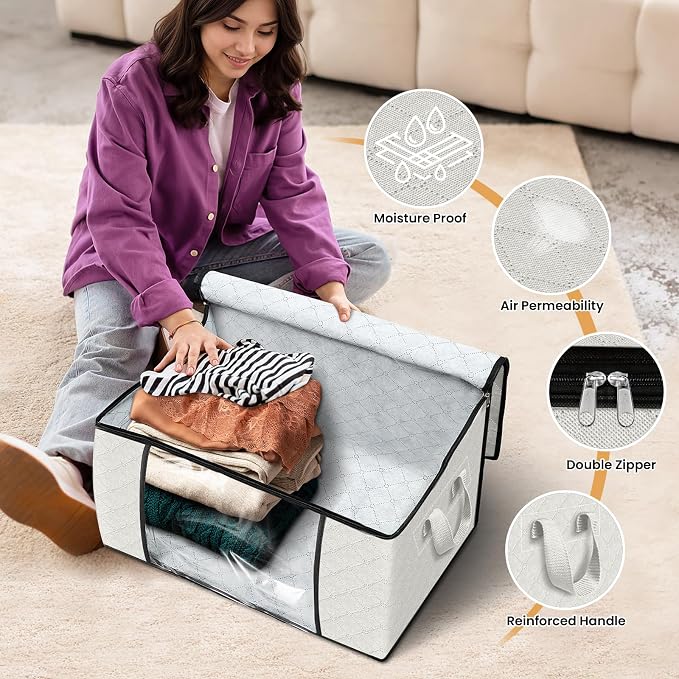 4 Pack Storage Bags for Clothes Blanket Storage Bins with Lids | Foldable Closet Organizers with Zippers,Window and Handles,Fabric Storage Bins for Sweater,Comforter,Bedding,Dorm essentials - Image 4