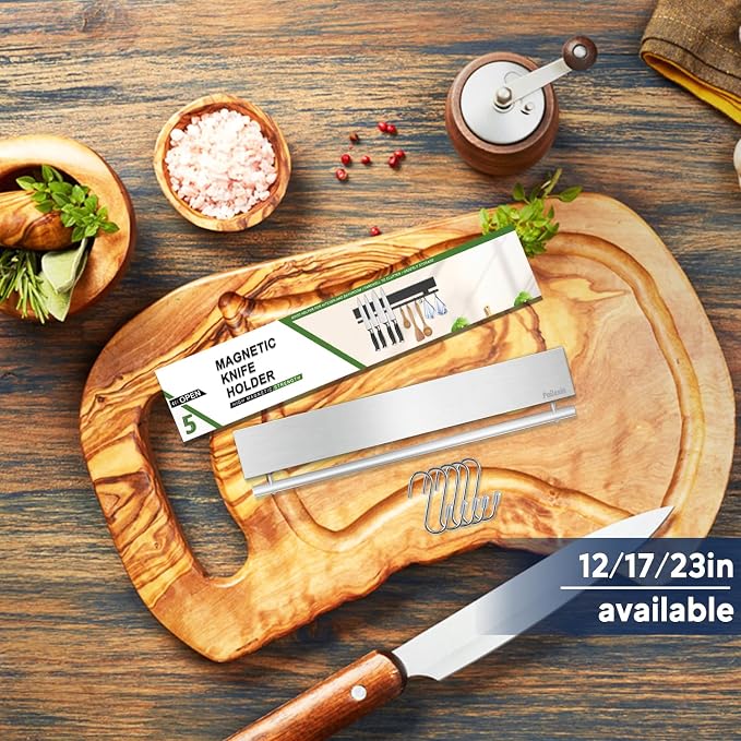 12 Inch Magnetic Knife Holder with 5 Hooks, No Drilling Wall Mount, Powerful Magnet Strip and Utensil Hanger - Image 2