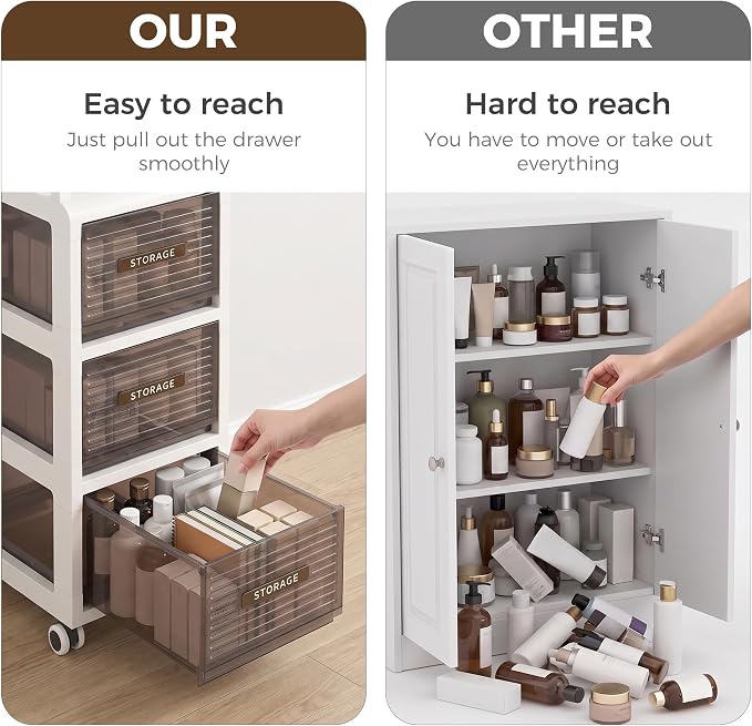 Bathroom Storage with Drawers, 11.8" Wide Slim Cabinet with Wheels | Freestanding Narrow Cupboard, Small Cart for Small Space Kitchen Office Bedroom Under Desk, 29.5" Tall, 3-Drawer, Gray - Image 9