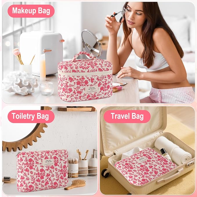 URSKYTOUS 3Pcs Cotton Quilted Makeup Bag for Women Large Small Travel Cosmetic Bag Set Cute Pink Floral Print Makeup Pouch for Purse Portable Skincare Bags Coquette Vintage Puffy Travel Essential - Image 4