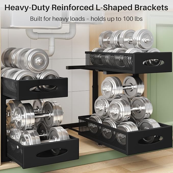 Under Sink Organizer, 2 Pack 2 Tier Pull out Cabinet Organizer Baskets with Mesh Sliding Drawers, Slide out Sink Storage Shelves for Home, Kitchen, Bathroom, Pantry, Office Organizers and Storag,Black - Image 5