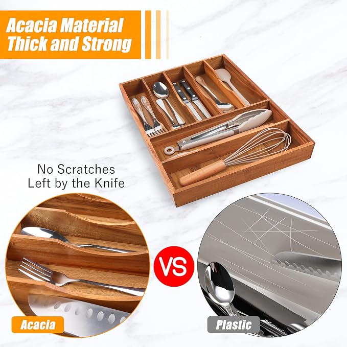 Bellsal Bamboo Silverware Organizer, 12"x15.7" Utensil Holder Cutlery Tray with Grooved Drawer Dividers for Kitchen Flatware, Bedroom, Office (7 Slot, Acacia) - Image 4