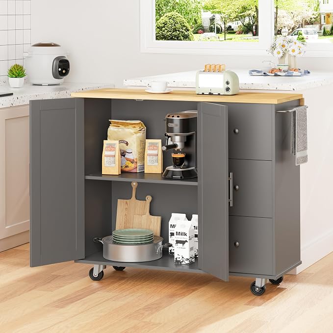 Shintenchi Kitchen Island with Folding Drop Leaf, Rolling Island Table with Storage, Kitchen Cabinet on Wheels with Seating Area for Kitchen, Bar Cart with Cabinet, Gray - Image 4