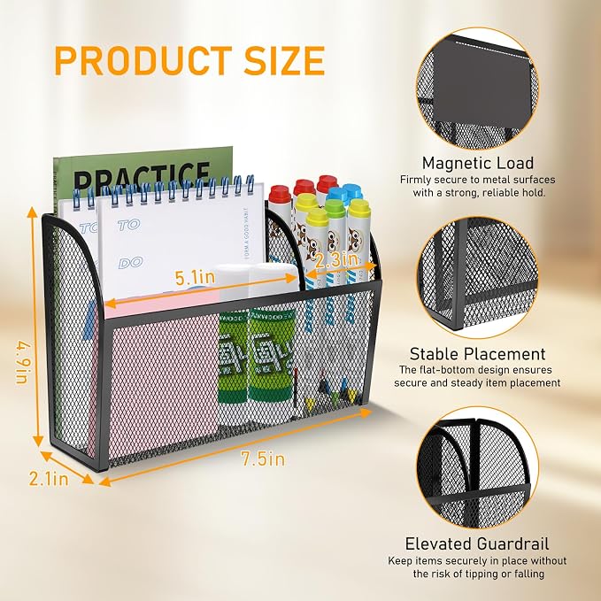 Magnetic Pencil Holder-Magnetic Basket for Fridge 3-Grid Mesh Magnetic Pen Holder for Refrigerator, Extra Strong Magnets Mesh Marker Holder Locker Accessories Organizer for Whiteboard - Image 2