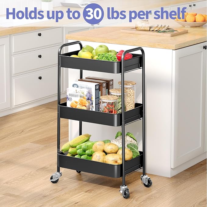 TOOLF 3 Tier Metal Rolling Cart, Utility Storage Cart with Wheels, Black | Screwless Assembly, Lockable Metal Wheels, Trolley Organizer for Bathroom, Kitchen, Office, Dorm, Laundry, Craft Room - Image 2