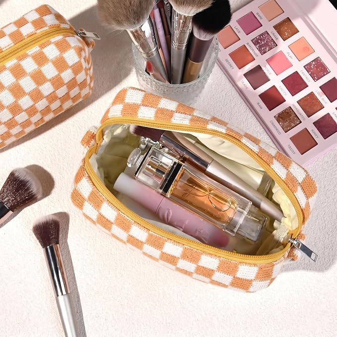 SOIDRAM 2 Pieces Makeup Bag Large Checkered Cosmetic Bag Capacity Canvas Mix Travel Toiletry Bag Organizer Cute Makeup Brushes Aesthetic Accessories Storage Bag for Women, Yellow checkered - Image 5