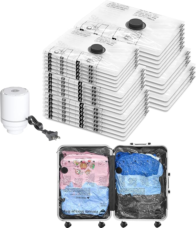 Vacuum Seal Bags for Clothing Travel and Home Storage, Travel Vacuum Bags with Electric Pump, Space Saver Compression Packing Cubes for Luggage Suitcase Bedding Blankets Clothes, 28 Combo by SUOCO