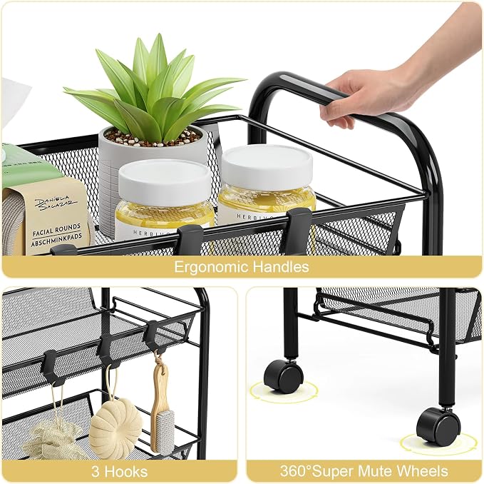 TOOLF 3 Tier Rolling Cart, Metal Utility Storage Cart with Wheels, Black | 3 Hooks, Screwless Assembly, Trolley Organizer for Bathroom, Kitchen, Office, Nursery, Dorm, Laundry Room - Image 5
