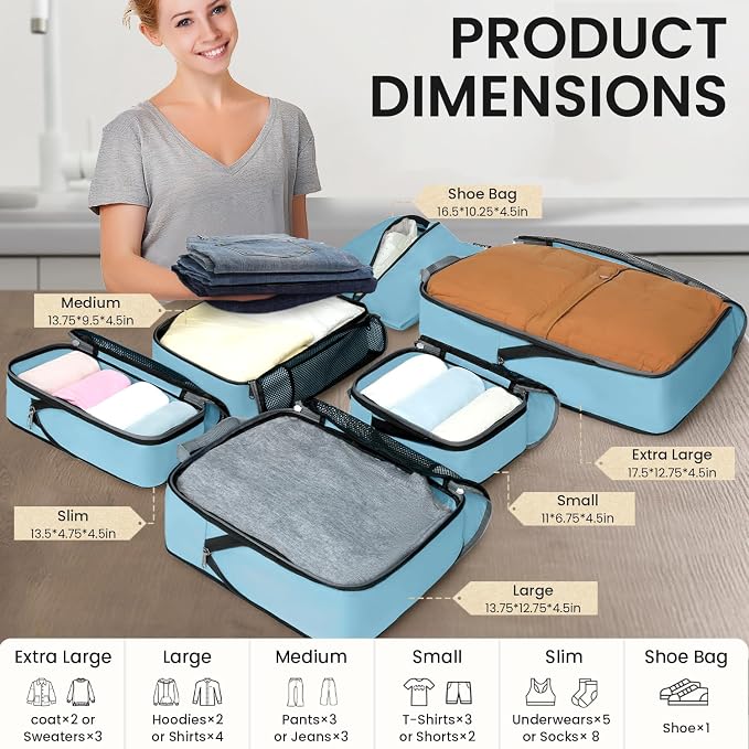 BAGAIL 4 Set/6 Set/8 Set Compression Packing Cubes Travel Accessories Expandable Packing Organizers (Half Mesh, 6-Dusty Blue) - Image 2