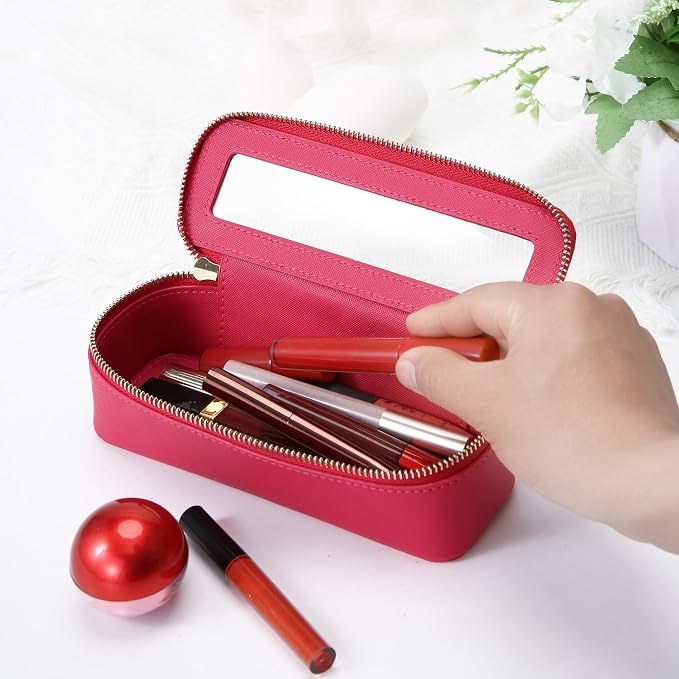 Aveniee Clear Makeup Brush Bag, Slim Brush Holder Cosmetic Case, Small Travel Toiletry Bag for Women, Thin Make up Bags with Dual Zipper, Cute Travel Essentials Srorage Bag,Hotpink - Image 2