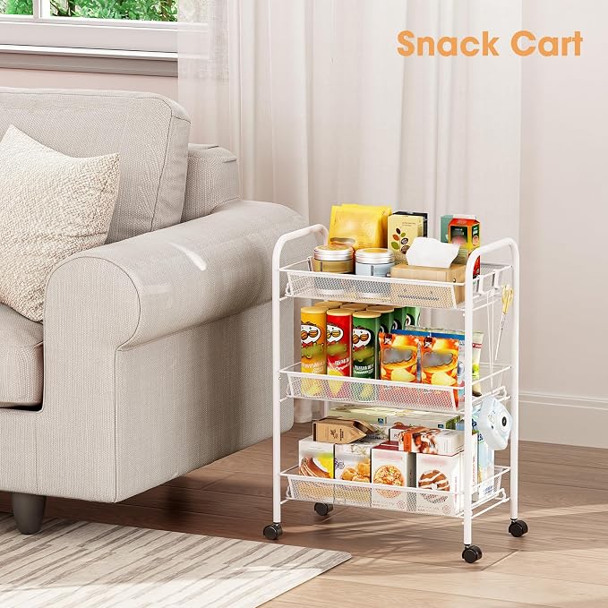 TOOLF 3 Tier Rolling Cart, Metal Utility Storage Cart with Wheels, White | 3 Hooks, Screwless Assembly, Trolley Organizer for Bathroom, Kitchen, Office, Nursery, Dorm, Laundry Room - Image 9