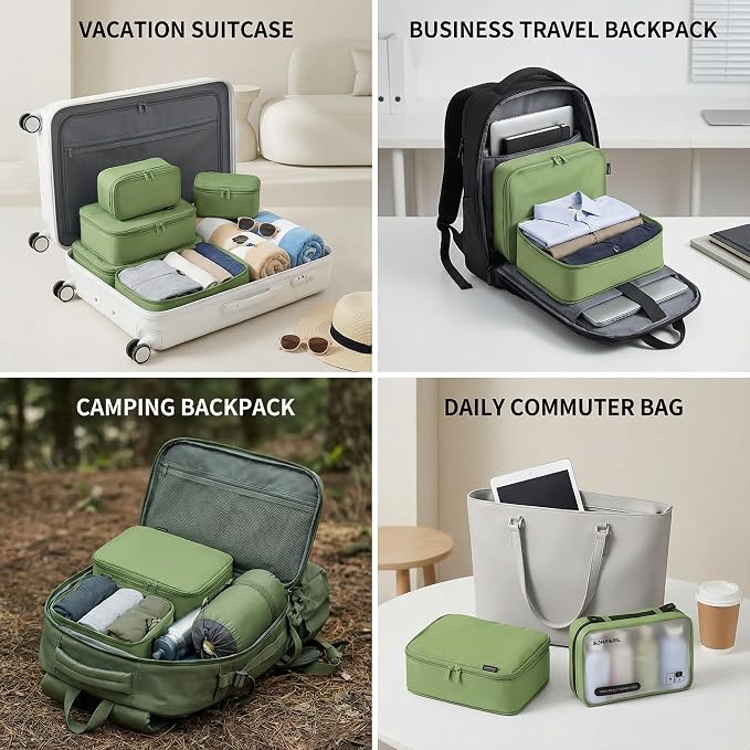 6 Set Compression Packing Cubes for 7–14 Day Travel, Forest Green | Nylon Oxford Fabric, Full Breathable Mesh, Reinforced Double-Zipper, Small to Large Size Bag, Expandable Packing System - Image 3