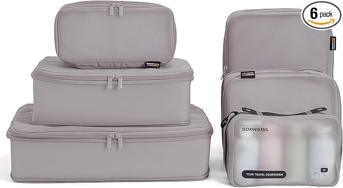 6 Set Compression Packing Cubes for 7–14 Day Travel, Misty Silver | Nylon Oxford Fabric, Full Breathable Mesh, Reinforced Double-Zipper, Small to Large Size Bag, Expandable Packing System by SOARSAIL