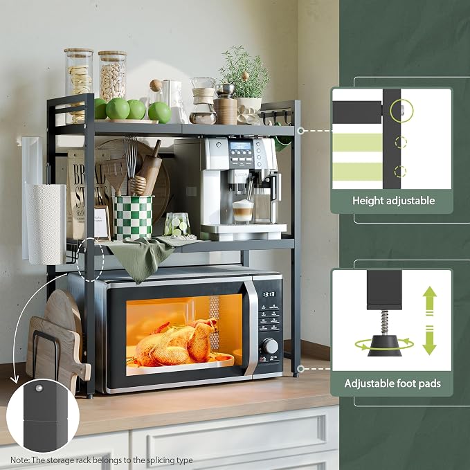 3 Tier Expandable Microwave Stand countertop,Microwave Oven Rack | microwave shelf with Paper Towel and Chopping Board Holder, storage shelf for appliances,55 Lbs load Per Tier,Black - Image 5