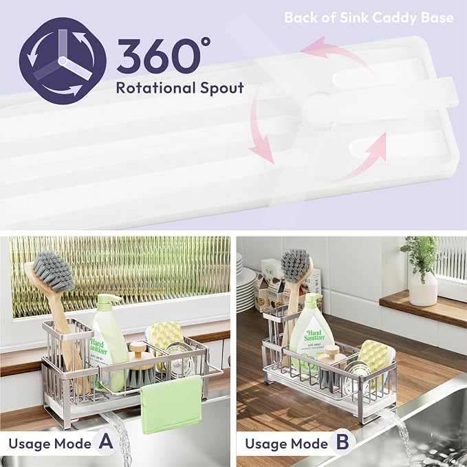 SWTYMIKI Sponge Holder for Kitchen Sink - Sink Caddy with Brush Holder Self-draining Sponge Caddy Organizer with Divider Stainless Steel Kitchen Accessories Storage for Countertop, Sand Nickel - Image 2
