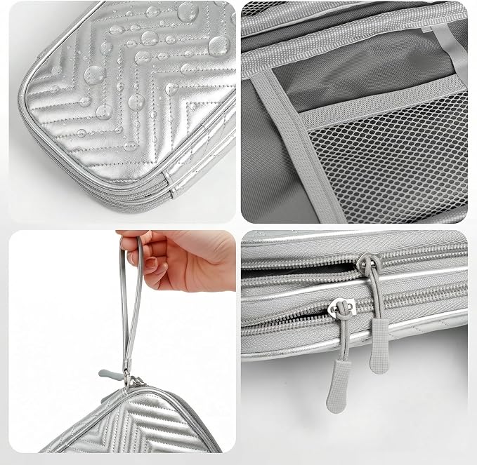 Double Layer PU Leather Electronics Organizer Bag Silver Gray | Water-resistant with 8 compartments and padded lining for tangle-free 3ft+ cords, chargers & phones. Includes 8 ties. - Image 4