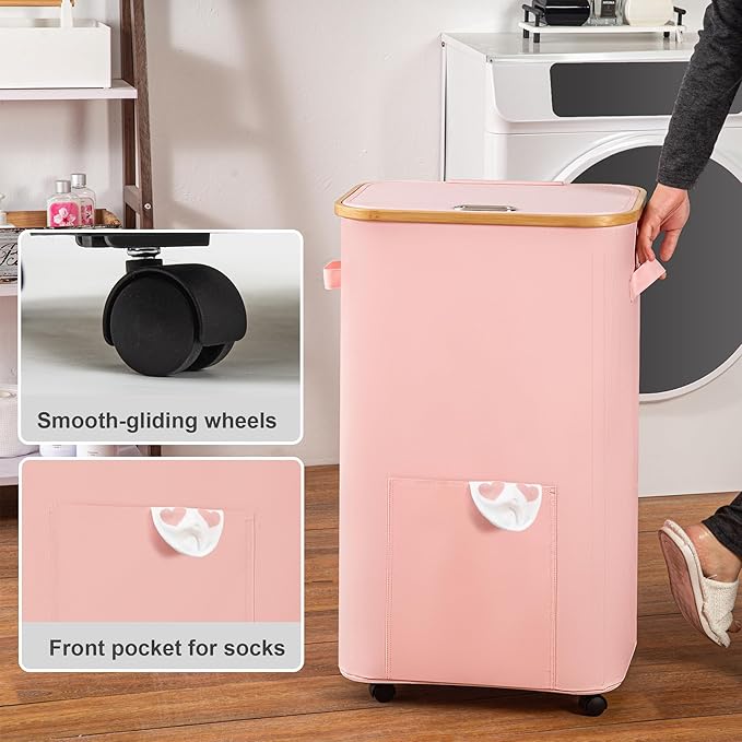 Vincona Laundry Basket with Wheels, Tall Dirty Clothes Hamper on Wheels, Rolling Laundry Hamper with lid for Dorm, Bedroom and Bathroom (Pink, 100L) - Image 4