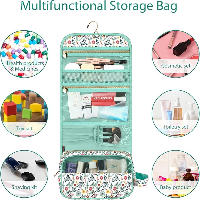 FINTIE Portable Toiletry Cosmetic Travel Bag Hanging Makeup Organizer | Large Water Resistant Storage Pouch Case, For Women Girls, Spring - Image 4