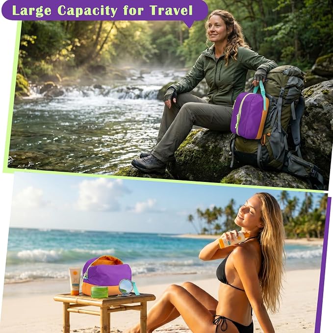 Waterproof Makeup Bag For Women Girls Men,Two-Tone Colorblock Travel Toiletry Bag With Wet Pocket & Removable Transparent Bag, 8L Large Capacity Lightweight Vacation Essentials (Purple+Orange) - Image 6