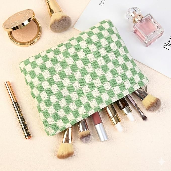SOIDRAM 2 Pcs Checkered Makeup Bag Large Cosmetic Bag Toiletry Bag Makeup Pouch Travel Bag Organizer Cute Makeup Brushes Aesthetic Accessories Storage Bag for Women Green - Image 6