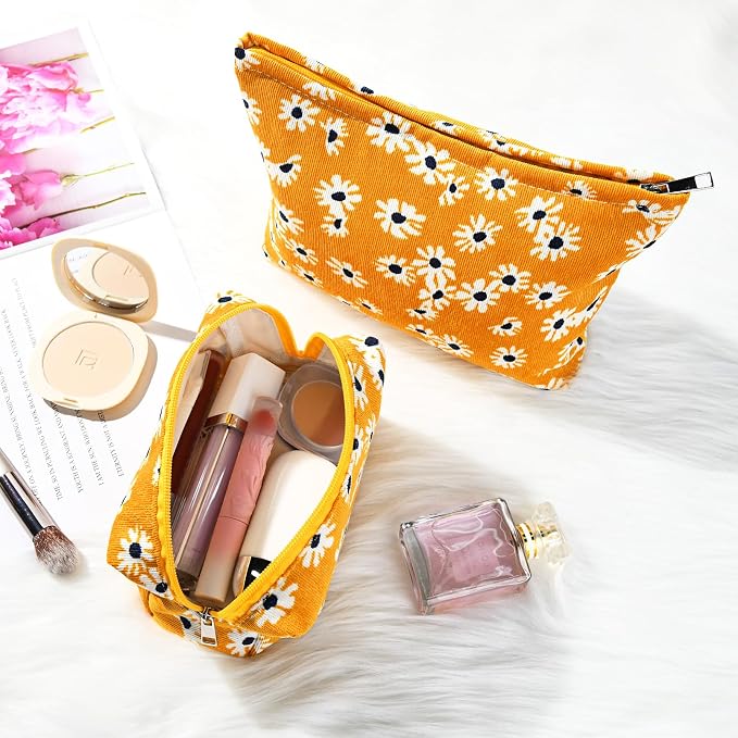 SOIDRAM 2 Pieces Flower Makeup Bag Large Cosmetic Bag Capacity Canvas Mix Travel Toiletry Bag Organizer Cute Makeup Brushes Aesthetic Accessories Storage Bag for Women,Little Flower Mix Yellow - Image 4
