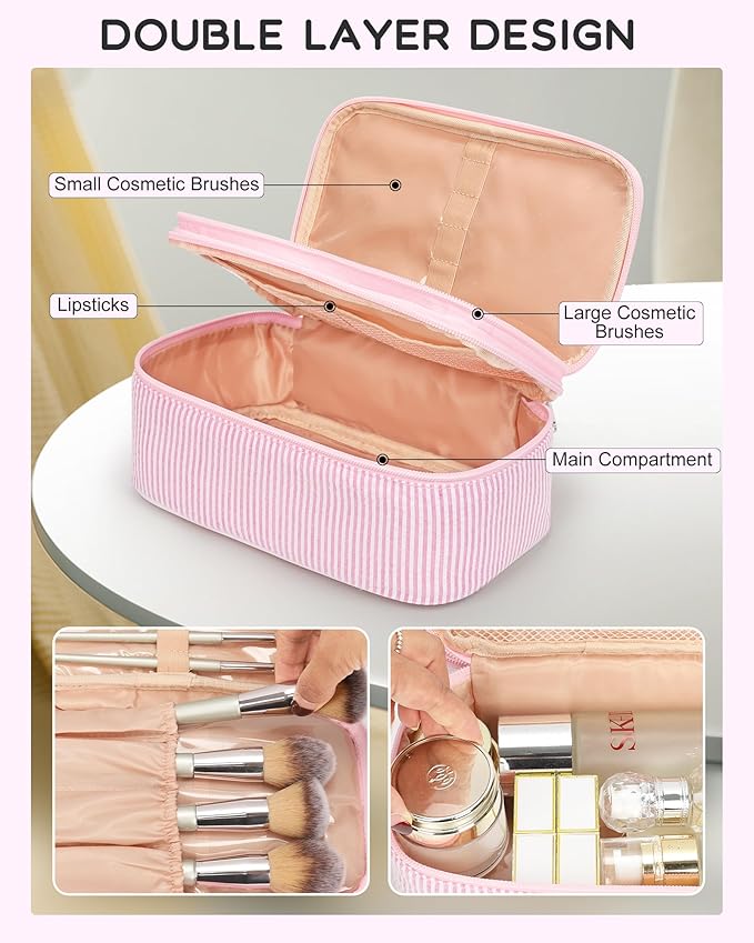 Relavel Pink Makeup Bag, Dual-Layer Cute Travel Cosmetic Bag, Pink Strip | Multi-Functional Small Toiletry Organizer with Make Up Brush Compartment, Travel Bag for Preppy Accessories for Daily Use - Image 3