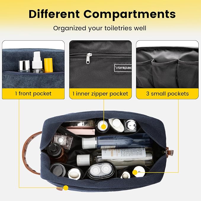 Vorspack Canvas Travel Toiletry Bag for Men, Medium, Navy Blue | Water-Resistant Travel Bag for Toiletries, Large Capacity, Organized Compartment, Suitable for Shaving, Grooming, Accessories - Image 4