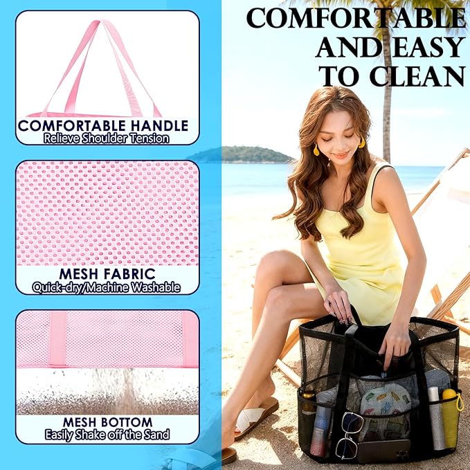 Fammart Mesh Beach Bag for Women, Large Beach Toy Pool Bag with Zipper Pocket, SandProof Cruise Essentials 2026 Family Travel - Image 6