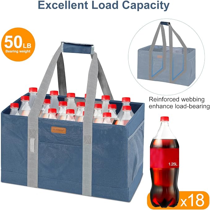 WONDAY DarkBlue Foldable Utility Tote Bag, Reusable Grocery Bag | 22x11x13in, holds 50lbs, 600D Oxford fabric with PP board bottom, folds flat, side panels only, not self-standing - Image 4