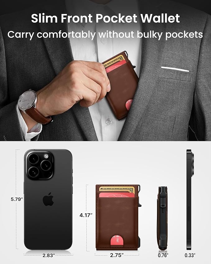 Wallet for Men Card Holder: Pop Up Card Case, Genuine Leather, Smart, RFID Blocking, Slim, Minimalist, Thin, Front Pocket - 12 Card Capacity, ID Window, Money Clip (Brown) - Image 3