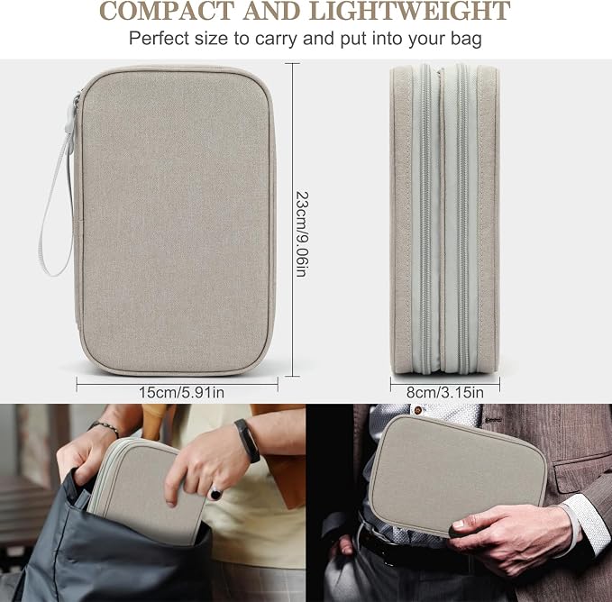 FYY Electronic Organizer, Travel Tech Pouch Bag, Large, Khaki | Wrist Strap, Waterproof, Double Layers Portable Electronics Travel Carrying Case for Cord, Charger, Daily Business Trips Use - Image 2