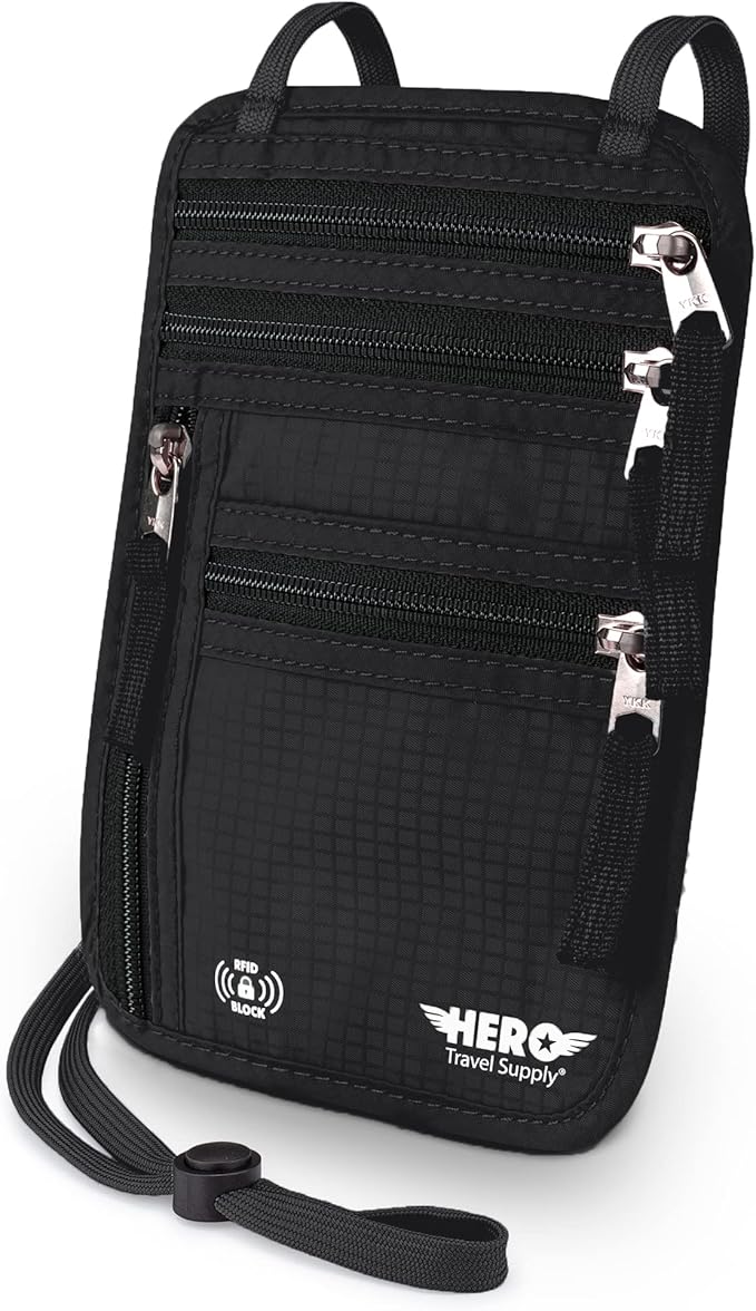 HERO Neck Wallet - RFID Blocking Passport Holder, Easy to Conceal Travel Pouch (Black) by HeroTravelSupply