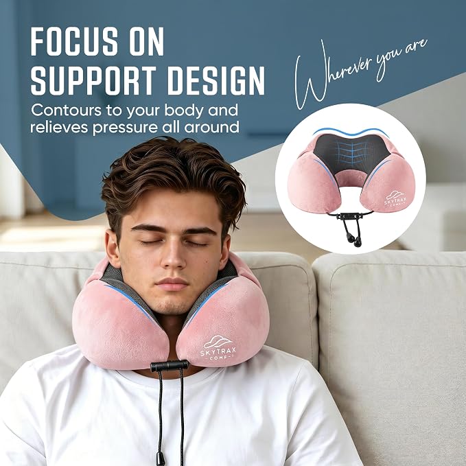 SkytraxComf® Travel Neck Pillow with Hood for Privacy on Long Flights | Memory Foam | Airplane Sleep | Safety-Tested Materials | Extra Large Hood | Chin Support | Earplugs | Washable Cover - Image 5