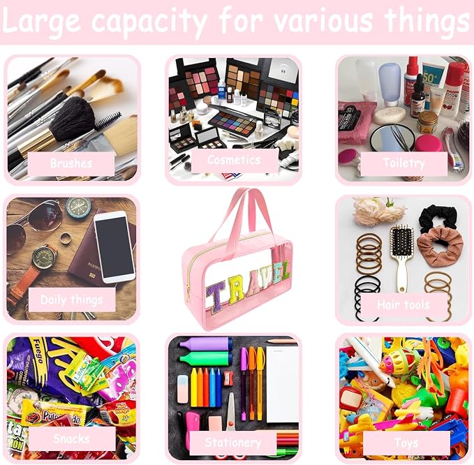 Bunliuys Chenille Letter Clear Makeup Bag Travel Patch, Travel Toiletry Makeup Bag with Handle, Nylon Waterproof Makeup Bags clear cosmetic bag, preppy patch makeup bag for Women (TRAVEL-Pink) - Image 5