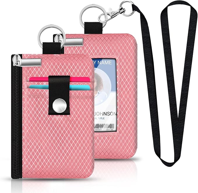Minimalist RFID Blocking Small Wallet with ID Window,WaterResistant Zip Id Case Wallet with Lanyard Keychain for Cards,Cash,Travel,Women,Men (Pink) - Image 6