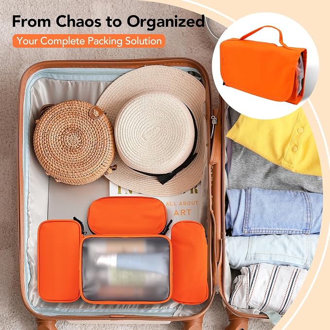 5-Piece Travel Toiletry Bag for Women, Organize Toiletries & Cosmetics | Personal Travel Essentials, with Hanging Toiletry Bag, Clear Cosmetic Bag, Makeup Bag, Jewelry Case & Cable Pouch- Orange - Image 2