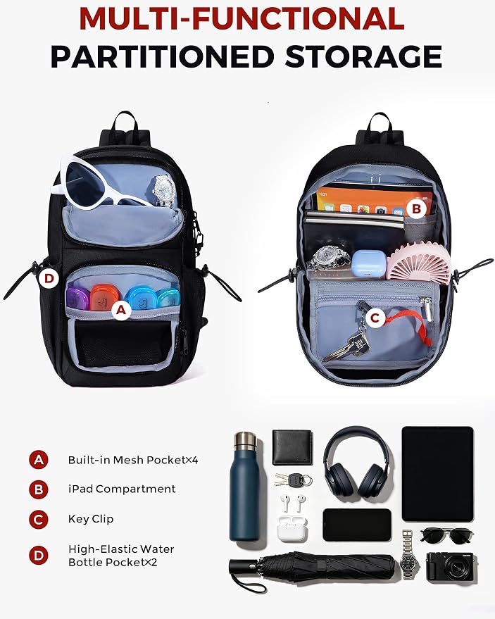 ECOHUB Crossbody Bags for Women Men, Anti-Theft RFID Blocking Sling Backpack Water Resistant Chest Shoulder Daypack, Black - Image 5