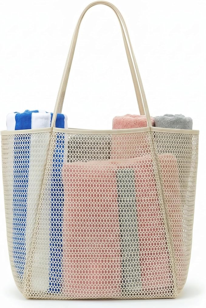 Rave Envy Large Mesh Beach Tote Bag - Waterproof Pool & Travel Beach Bag | Large Capacity | Sturdy Base | Lightweight Foldable Design | Quick-Drying Breathable Fabric | Spacious Multi-Pocket Storage by RaveEnvy