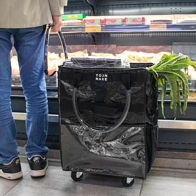 Reusable Grocery Bag with Wheels, Large Black Rolling Tote | 8 Pockets, Zipper Cover, Foldable for Women, Kitchen, Travel, Carries Up to 76LBS - Image 5