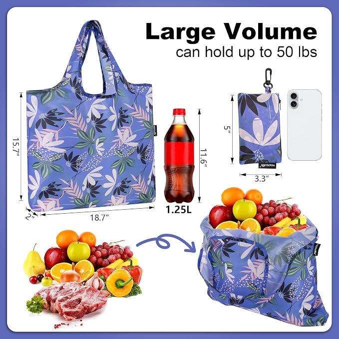 HOLYLUCK Reusable Grocery Bags,Heavy Duty Foldable Shopping Tote Bag (Standard, Purple leaves) - Image 3