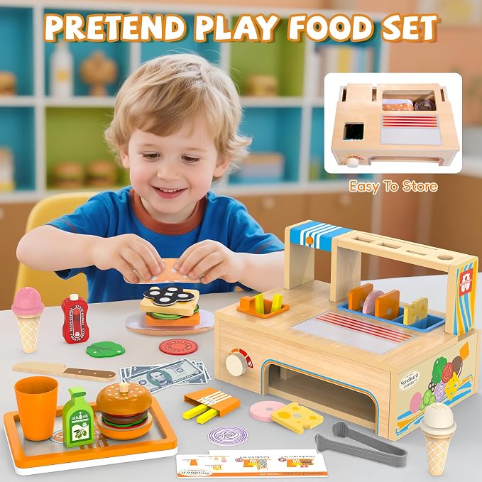 WOODMAM Foldable Wooden Kids Play Food Toys Sandwich Counter with Storage | 56 Pcs Pretend Play Kitchen Food Toy, Burger, Ice Cream, Fries, Play Money, Boys Girls Birthday Gifts for Toddlers Ages 3+ - Image 3