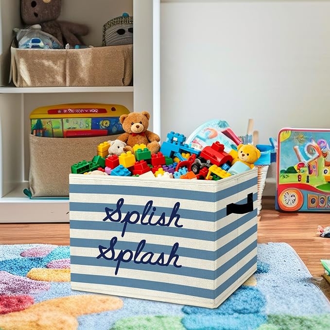 Boho Bath Time Affirmation Storage Bins Box with Handles Organizer Basket | cheerful calming foldable basket for organizing, blue striped collapsible toys clothes for playroom nursery bedroom, 10x14 in - Image 2