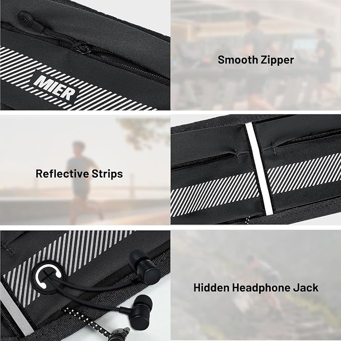 MIER Running Belt for Women & Men, Fanny Pack with Marathon Bib Clip, Black | Slim Adjustable Phone Holder Pouch; Reflective Waist Packs for Running Essentials; Waterproof Zipper Pockets - Image 5