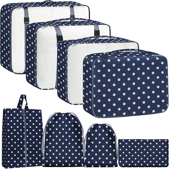 Packing Cubes for Travel - 8 Set Luggage Organizer Bags for Family, Mesh Breathable Packing Cubes for Suitcases Durable Travel Essentials Bags Set (Polka Dots) by YEEYAA