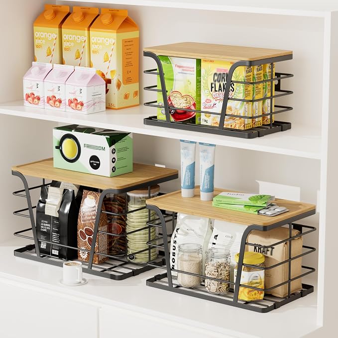 TIDIIABODE 3 Pack Stackable Pantry Organizer, Trash Bag Dispenser Under Sink, Kitchen Organization and Storage, Kitchen Counter Organizer, Black - Image 3