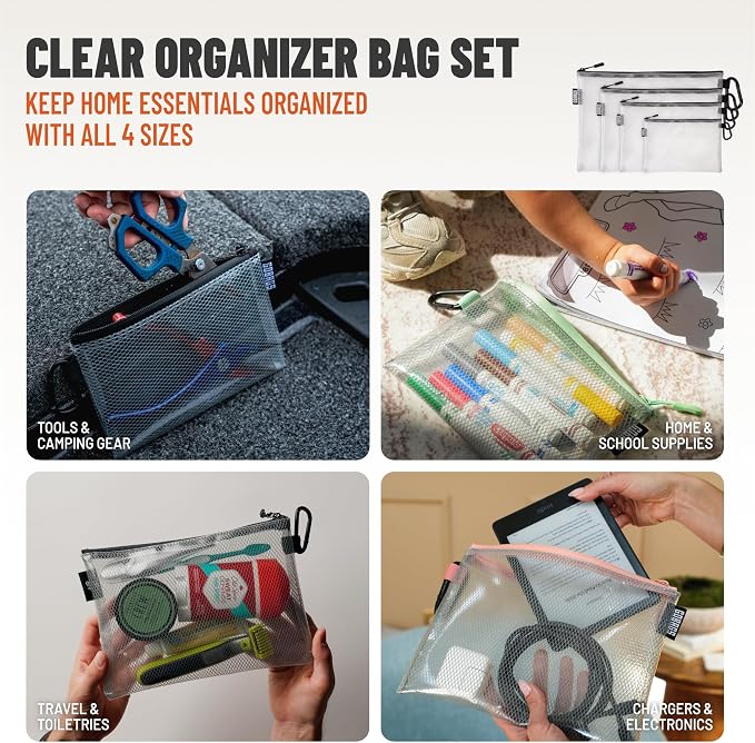 Air Production Multi-Size Clear Zipper Pouch (4‑Pack) – Cable Organizer & Travel Gear Bag for Electronics, Camera Accessories, Tool Pouch & Small Tech Storage - Image 2