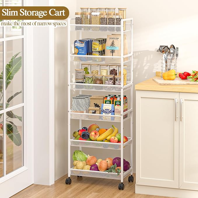6 Tier Slim Rolling Storage Cart, Narrow Mobile Shelving Unit Organizer Utility Cart with Wheels, Metal Wire Storage Rack with Baskets for Kitchen, Bathroom, Laundry & Living Room, 10in(W) White - Image 3